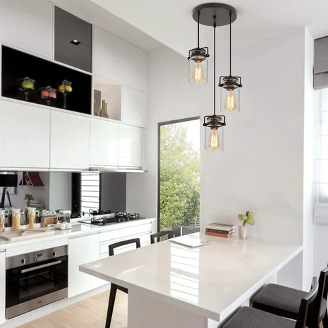 Industrial Farmhouse Kitchen Pendant Lighting Kit Over Island Three Pendant Lights Black Adjustable Ceiling Fixtures For Kitchen Island Dining Room Bedroom Living Room