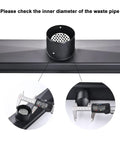 Black Sleek 36 Inch Linear Shower Floor Drain Kit in 304 Stainless Steel with adjustable outlet measurements shown.