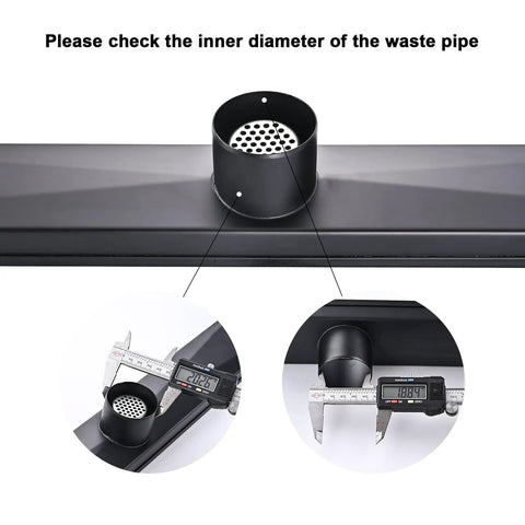 Black Sleek 36 Inch Linear Shower Floor Drain Kit in 304 Stainless Steel with adjustable outlet measurements shown.