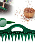 No Fuss Seed Planter Tool With Quick Punch Rake For Precise Planting, Porous Seed Pad And Seedling Soil Pad shown in green with seeds.