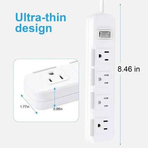 Wall Mounted Power Strip With Four Outlets, Surge Protector, Six Foot Extension Cord, 15A 125V 1875W, 300J, Slim Design