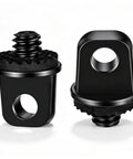 Two Pack 1/4-20 Camera Neck Strap Screws With Rubber Padded Eye Bolts Hella Secure Metal Holder Quick Swap showing black aluminum screws.