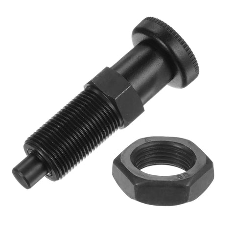 Heavy Duty Push Fit Ball Nose Spring Plunger With M20x1.5 Thread And 1.3 Inch Length shown alongside a black hex nut.
