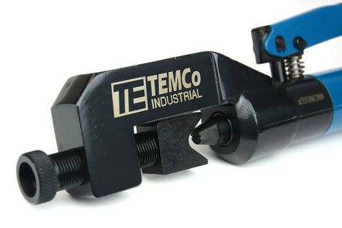 Close-up of Hydraulic Lug Crimper Tool Dieless Indent For Battery Terminals with sturdy build, showing branding and sleek metal design.
