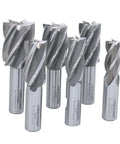 Six-piece Accusize HSS end mills set with 3/4 in shanks, 4- and 6-flute, cutting diameters from 3/4 to 1-1/2 in