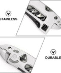 Close-up of Two Piece Portable Stainless Steel Multitool Pliers Set with wire cutters and multi-purpose wrench for outdoor use.