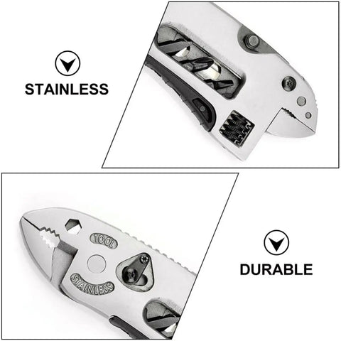 Close-up of Two Piece Portable Stainless Steel Multitool Pliers Set with wire cutters and multi-purpose wrench for outdoor use.