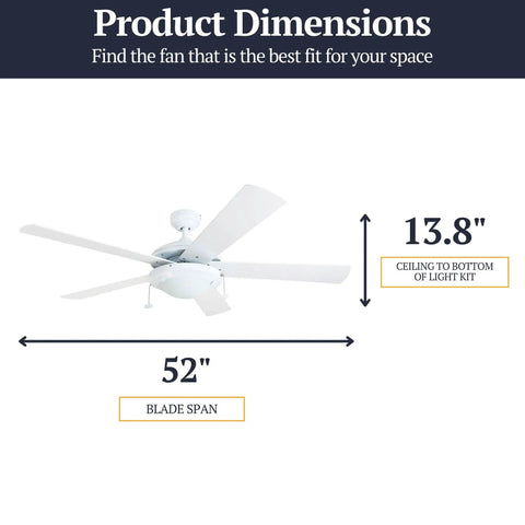 52 Inch Modern LED Ceiling Fan With Light, Pull Chain, Dual Mounting Options, Reversible Motor, Dual Finish Blades, White Finish