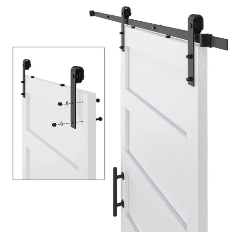 48 Inch By 84 Inch Sliding Barn Door With 8 Foot Hardware Kit And Handle, pre drilled holes, white 5 panel farmhouse style