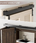Box Rail Bi Fold Sliding Barn Door Hardware Kit For Two Doors Built To Last With Heavy Duty Aluminum Track Wall Mount Fit 39.6 Inches Opening And 30 To 45 Millimeters Door Thickness No Doors Included, shown installed in a kitchen setting.