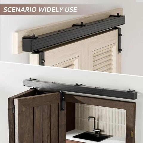 Box Rail Bi Fold Sliding Barn Door Hardware Kit For Two Doors Built To Last With Heavy Duty Aluminum Track Wall Mount Fit 39.6 Inches Opening And 30 To 45 Millimeters Door Thickness No Doors Included, shown installed in a kitchen setting.