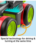 Close-up of My Easy RC Remote Control Car For Kids 3 And Up With Two Speeds Simple Four Way Driving One Button Drive Parent Controlled Speed Modes Ideal Preschool Toy Car's wheels and turning mechanism
