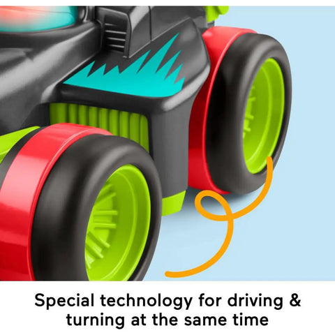 Close-up of My Easy RC Remote Control Car For Kids 3 And Up With Two Speeds Simple Four Way Driving One Button Drive Parent Controlled Speed Modes Ideal Preschool Toy Car's wheels and turning mechanism
