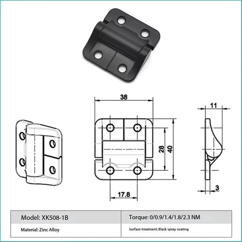 Diagram of Constant Torque Position Control Hinge With Friction Adjustable For Cabinets And Doors, Model XK508 1B, zinc alloy material.
