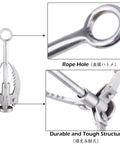 Close-up of grappling hook with folding claws, showing rope hole and durable structure; heavy duty stainless steel anchor for climbing.