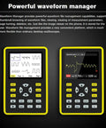Handheld USB Digital Oscilloscope 5012H with 2.4 inch IPS LCD displaying waveform graphs and controls, shown on screen