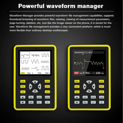 Handheld USB Digital Oscilloscope 5012H with 2.4 inch IPS LCD displaying waveform graphs and controls, shown on screen