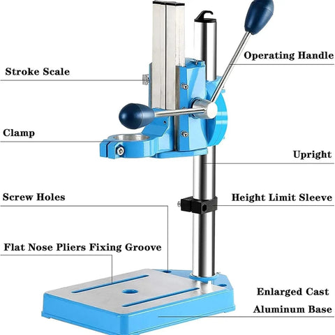 Heavy Duty Drill Press Machine With Rotary Tool, Adjustable Height, features stroke scale and operating handle.
