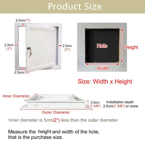 Product size details for Heavy Duty Paintable Metal Access Door For Wall Or Ceiling No Sweat Setup Hatch For Plumbing Cable And Electrical Checks Reliable Plug And Play 14X18 Panel.