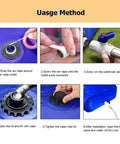 Collapsible Portable Water Storage Tank With Valve 500L usage steps for camping or RV trips, showing raw tape and valve.