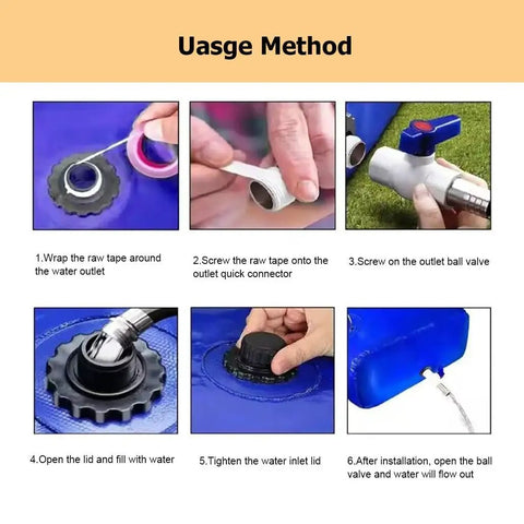 Collapsible Portable Water Storage Tank With Valve 500L usage steps for camping or RV trips, showing raw tape and valve.