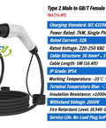Heavy Duty EV Charging Cable Type 2 Male To GB/T Female Mode 3 Portable Electric Vehicle Cord, 5M length, IP54 rating.
