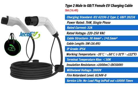 Heavy Duty EV Charging Cable Type 2 Male To GB/T Female Mode 3 Portable Electric Vehicle Cord, 5M length, IP54 rating.