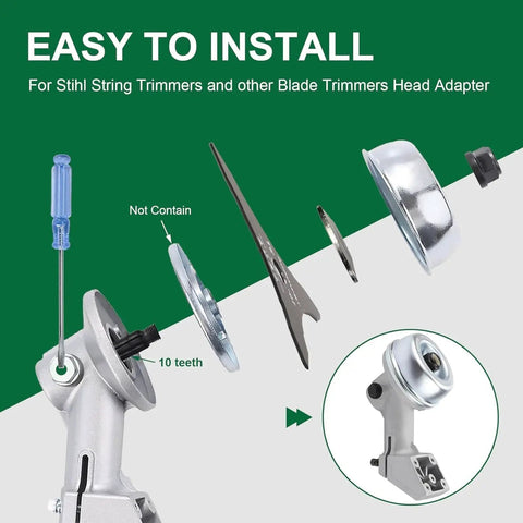 Adapter kit components for 10 Inch 3 Tooth Brush Cutter Blades For Gas Powered Trimmers 2 Pack with installation guide.