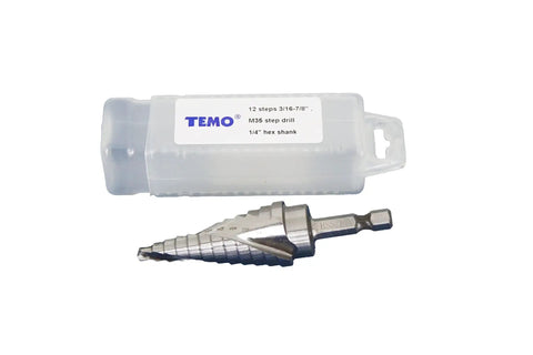 Heavy Duty Cobalt Spiral Flute Step Drill Bit Set With 12 Hole Sizes From 3/16 Inch To 7/8 Inch, 1/4 Inch Hex Shank, TEMO M35 Unibit For Metal And Wood