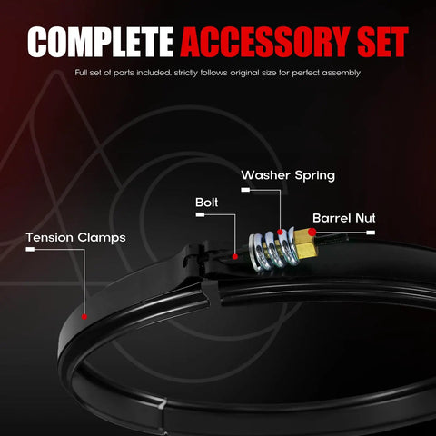 Tension Control Clamp Kit 190003 For Pool Filter Band Clamp with washer spring, bolt, and barrel nut components.