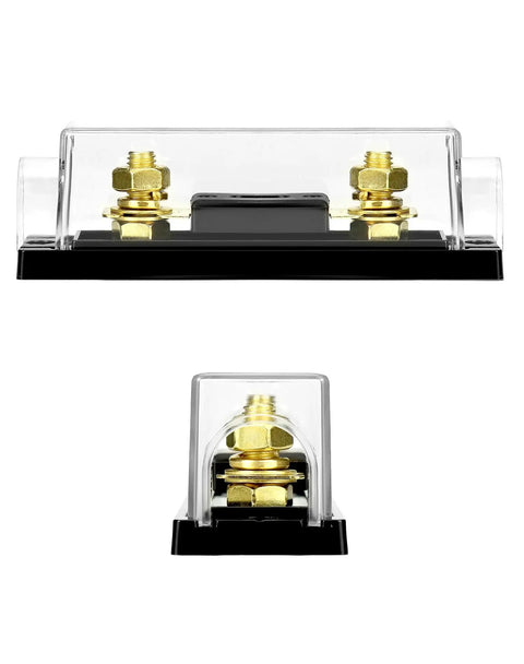 250A Inline ANL Fuse Holder Pack Of 4 For Car Audio Amplifiers, 0, 2, And 4 Gauge Wiring, Corrosion Resistant Terminals, High Temp ABS Base, Crystal Clear Lid For Quick Fuse Status, Includes 2 Mounting Holes, clear lid and gold terminals