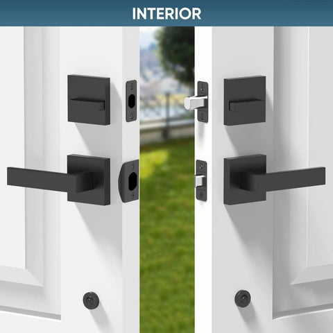 Interior view of double front door handle set with heavy duty square lever and single cylinder deadbolt in matte black.