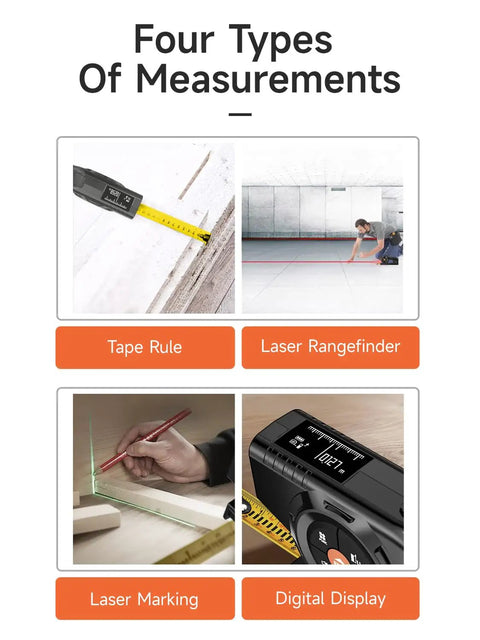 3-In-1 Digital Tape Measure With Laser Up To 196 Feet, Auto Lock Tape, Instant Digital Readout, Green Laser Extension, Handy Measuring List With Memory For Quick And Accurate Home Or Workshop Measurements showing tape rule, laser rangefinder, laser marking, and digital display