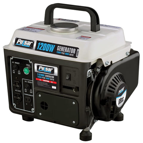 Portable Gas Powered Generator With Carrying Handle 1200W Peak 900W Running 2 Stroke Recoil Start Compact Durable Design For Camping And Outdoor Use One Point One Gallon Fuel Tank Delivers Up To Five Hours At Half Load Black And White