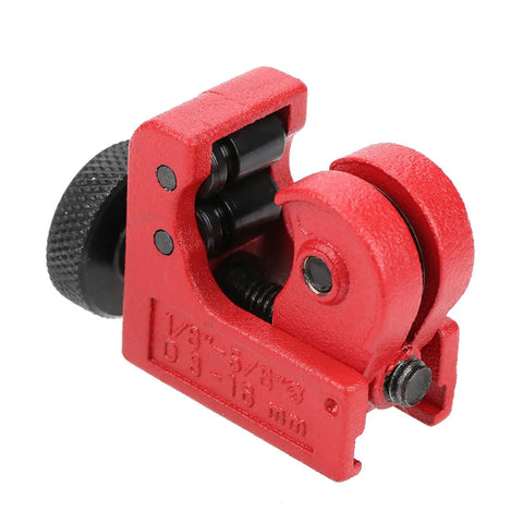 Red compact tube cutter with ball bearing roller, 3 to 16mm capacity, alloy steel body, for copper, aluminum, metal tubing.
