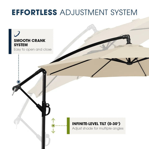 10 Foot Offset Cantilever Patio Umbrella with Sandbag Base Included, showcasing smooth crank and infinite tilt features.