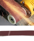 Kickass Aluminum Oxide Sanding Belts 10 Pack 320 Grit Heavy Duty Abrasive Bands for Woodworking in action with sparks.