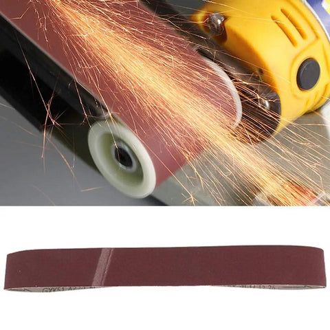 Kickass Aluminum Oxide Sanding Belts 10 Pack 320 Grit Heavy Duty Abrasive Bands for Woodworking in action with sparks.