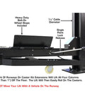 Commercial Grade Four Post Vehicle Lift Paired With Rj6 Rolling Bridge Jacks Combo showing heavy duty bolt-on wheel stops and cable diameter details.
