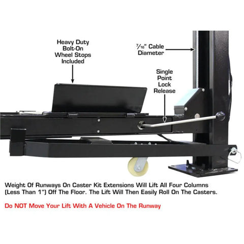 Commercial Grade Four Post Vehicle Lift Paired With Rj6 Rolling Bridge Jacks Combo showing heavy duty bolt-on wheel stops and cable diameter details.