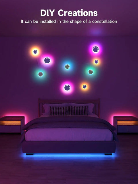 Smart 9 Piece LED DIY Constellation Light Kit With RGB Color Changing, Music Sync, App And Remote Control displayed in bedroom