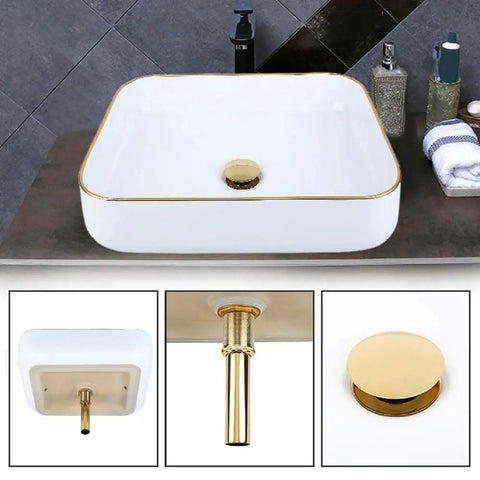 Minimalist Rectangle Porcelain Vessel Sink For Bathroom Above Counter Style Sleek Dope Modern Wash Basin With Light Luxury Appeal Durable Ceramic Vanity Bowl For Balcony And Powder Room with gold accent
