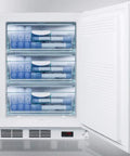 Stainless Steel Upright Freezer With Ada Compliant Height And Heavy Duty Lock Built Like A Solid Workhorse To Keep Your Premium Coolers Deep Frozen Safe And Sorted For Any Commercial Space, showcasing organized blue containers.