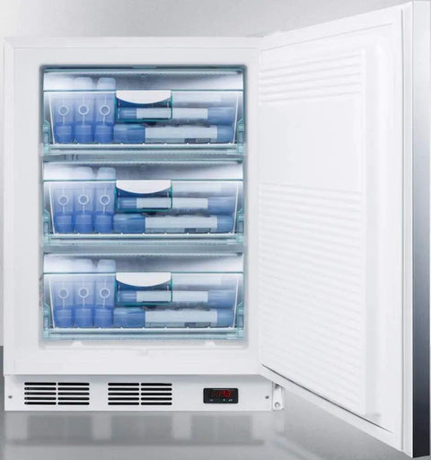 Stainless Steel Upright Freezer With Ada Compliant Height And Heavy Duty Lock Built Like A Solid Workhorse To Keep Your Premium Coolers Deep Frozen Safe And Sorted For Any Commercial Space, showcasing organized blue containers.