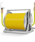 Kick Clutter Outdoors Forever With This Heavy Duty Stainless Steel Garden Hose Reel Wall Mount with yellow hose and faucet.