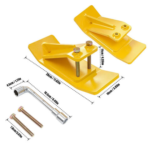 Heavy Duty Tractor Bucket Skids For Lawns And Driveway Surfaces Two Pack Bolt On Edge Guards with yellow wear plates and hardware.