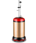 Real Deal Portable Electric Water Heater Shower System Packing A Massive 60 Liter Storage Tank And Lightning Fast 2000 Watt Quick Heat Pump in metallic gold and red design.