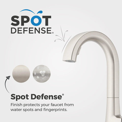 Pfister Vaneri Kitchen Faucet with Pull Down Sprayer, Stainless Steel close-up showing Spot Defense finish preventing fingerprints.