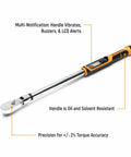 Electronic Torque Wrench With Half Inch Drive 72 Tooth Ratchet 5 Degree Swing Arc Target Torque Alert High Precision CW And CCW Accuracy Ideal For Tight Spaces And Accurate Fastening, showing oil-resistant handle and multi-notification display features.