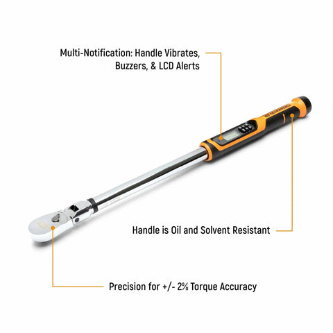 Electronic Torque Wrench With Half Inch Drive 72 Tooth Ratchet 5 Degree Swing Arc Target Torque Alert High Precision CW And CCW Accuracy Ideal For Tight Spaces And Accurate Fastening, showing oil-resistant handle and multi-notification display features.